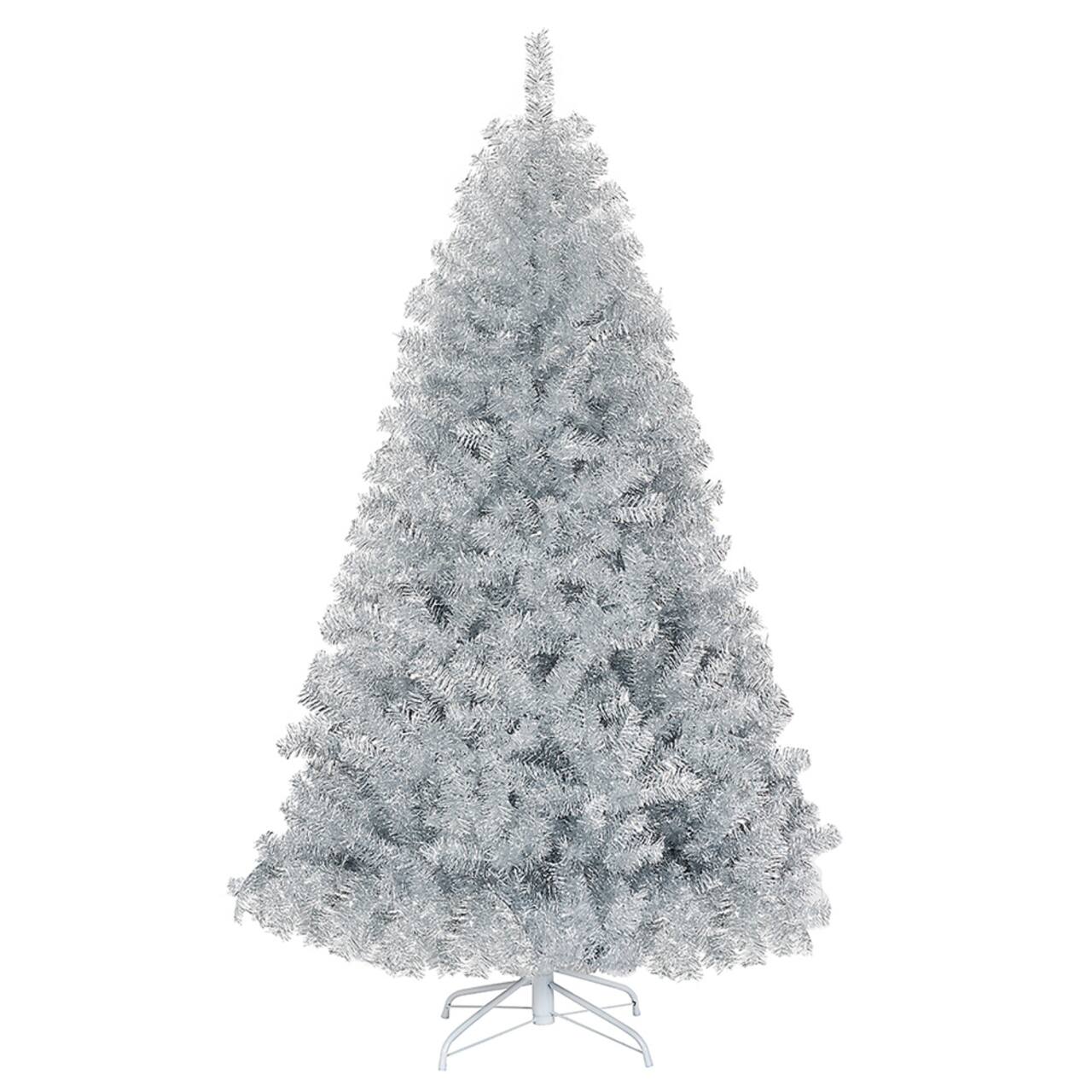 Costway 6ft. Unlit Artificial Silver Tinsel Hinged Christmas Tree with Metal Stand